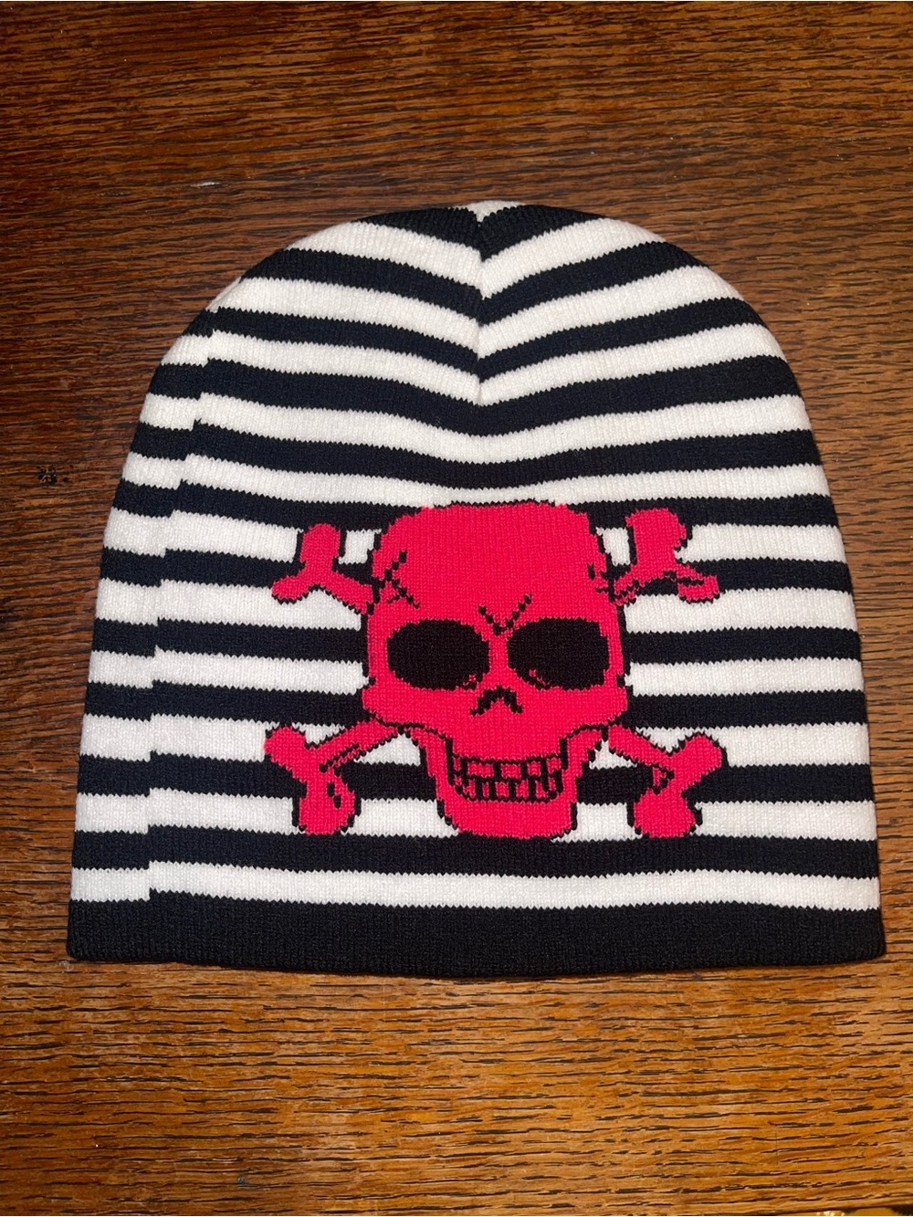Striped Black & White Beanie with Hot Pink Skull